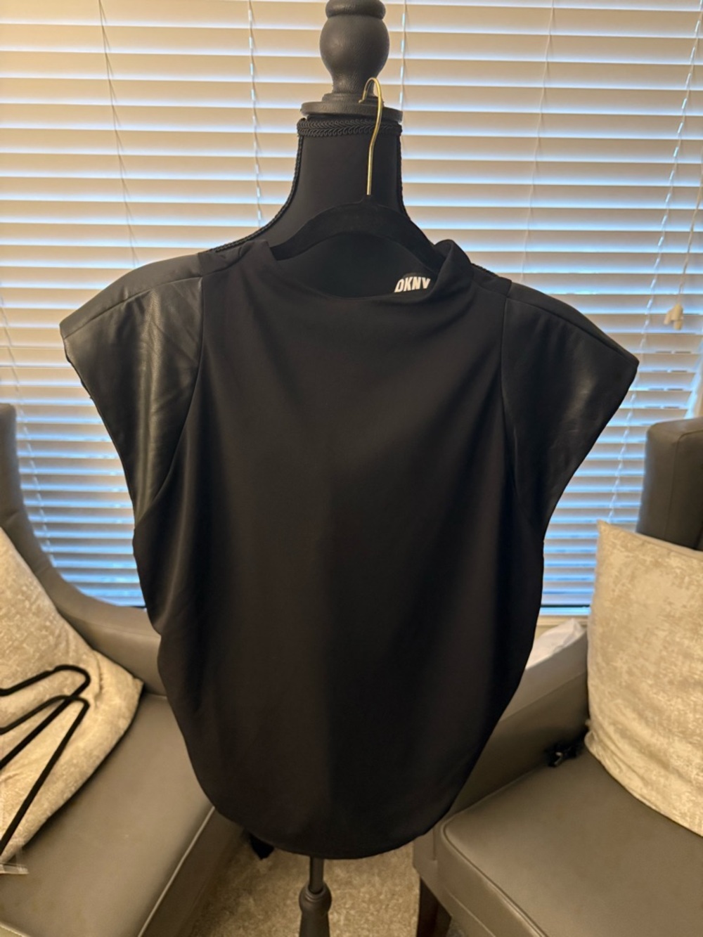 DKNY Black Mock Neck Top with Faux-Leather Shoulder Panels